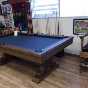 Buy a new 7' or 9' Presidential Carmel Pool Table with Blue Felt at Beck's Billiard in Phoenix, Arizona.