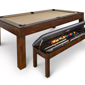The Polk Billiard Table with open bench showing pool sticks and billiards pool balls