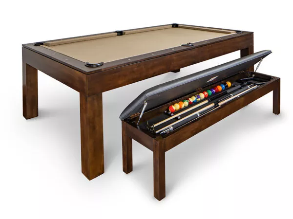 The Polk Billiard Table with open bench showing pool sticks and billiards pool balls